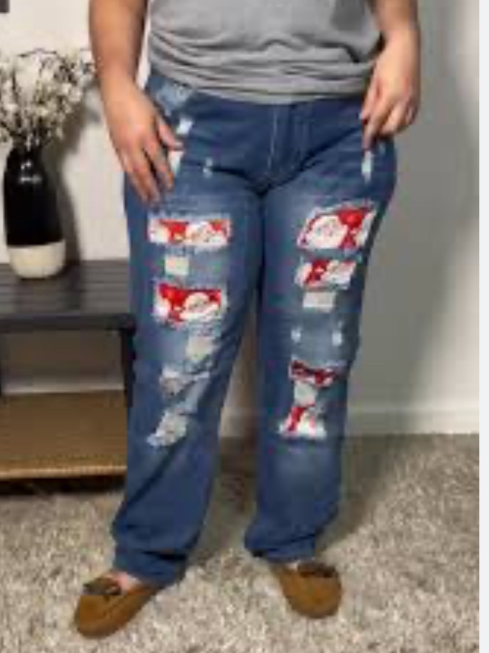Women's Distressed Blue denim Christmas Patchwork Jeans size XXL